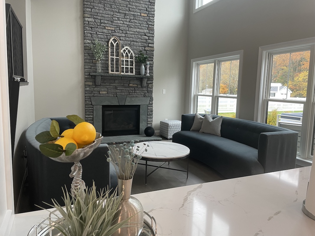 remodeled living room with a monochrome grey color to match the furniture and fireplace