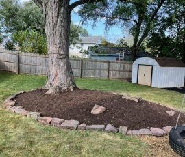 modest flower. bed with mulch around a tall tree